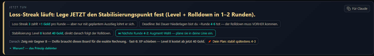 Trainer-Anweisung: Loss-Streak läuft — Stabilisierungspunkt festlegen, mit Deadline und Plan-Chip